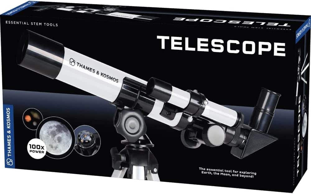 Astronomical telescope box with Thames & Kosmos telescope illustration and included accessories