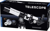 Astronomical telescope box with Thames & Kosmos telescope illustration and included accessories