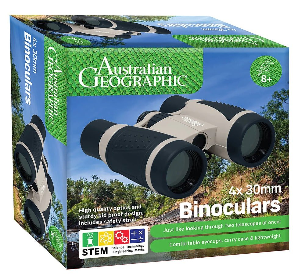 Australian Geographic 4x 30mm binoculars in retail box, blue and green packaging