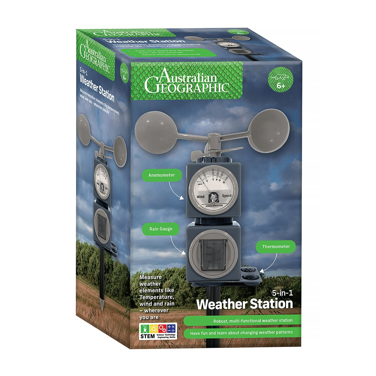 5-in-1 weather station kit retail box with anemometer, rain gauge, thermometer