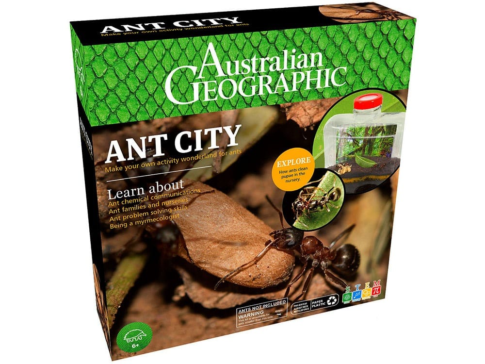 Ant habitat kit box with Australian Geographic branding and terrarium scene