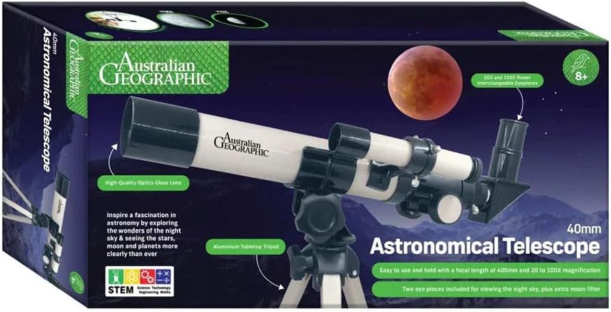 Astronomical telescope 40 mm on retail box, tripod stand and eyepiece shown