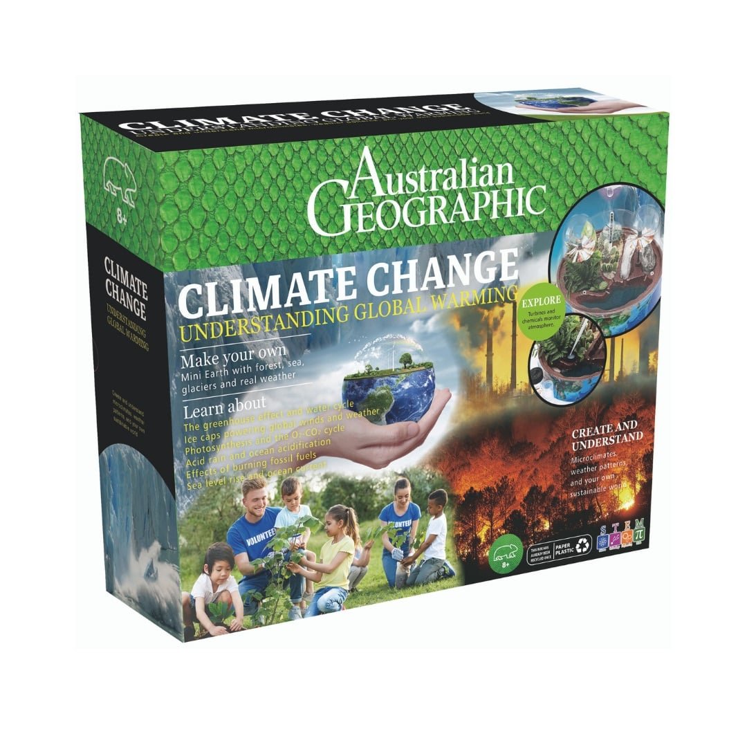 Climate Change understanding science kit in green Australian Geographic box