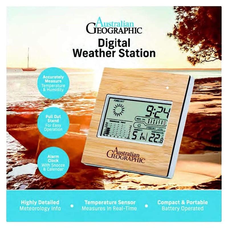 Australian Geographic digital weather station with LCD display and wood-effect base