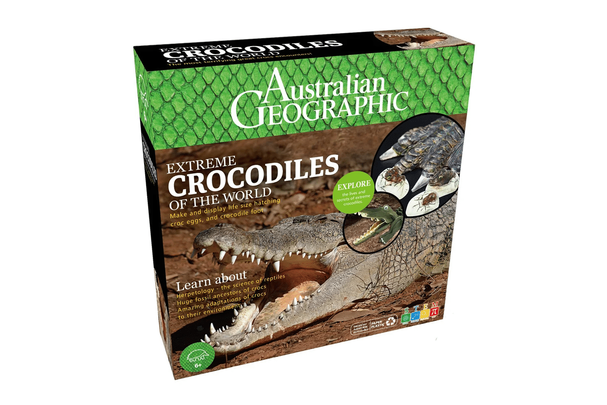 Australian Geographic Extreme Crocodiles kit box with green reptile pattern