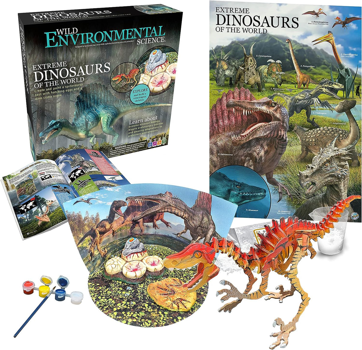 Dinosaur science kit with illustrated box, booklet, dinosaur models, and accessories