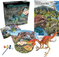 Dinosaur science kit with illustrated box, booklet, dinosaur models, and accessories