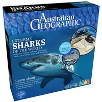 Australian Geographic shark fact book, blue box with 'Extreme Sharks of the World' text