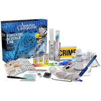 Forensic science lab kit with box, tools, vials, microscope slide, and crime scene props