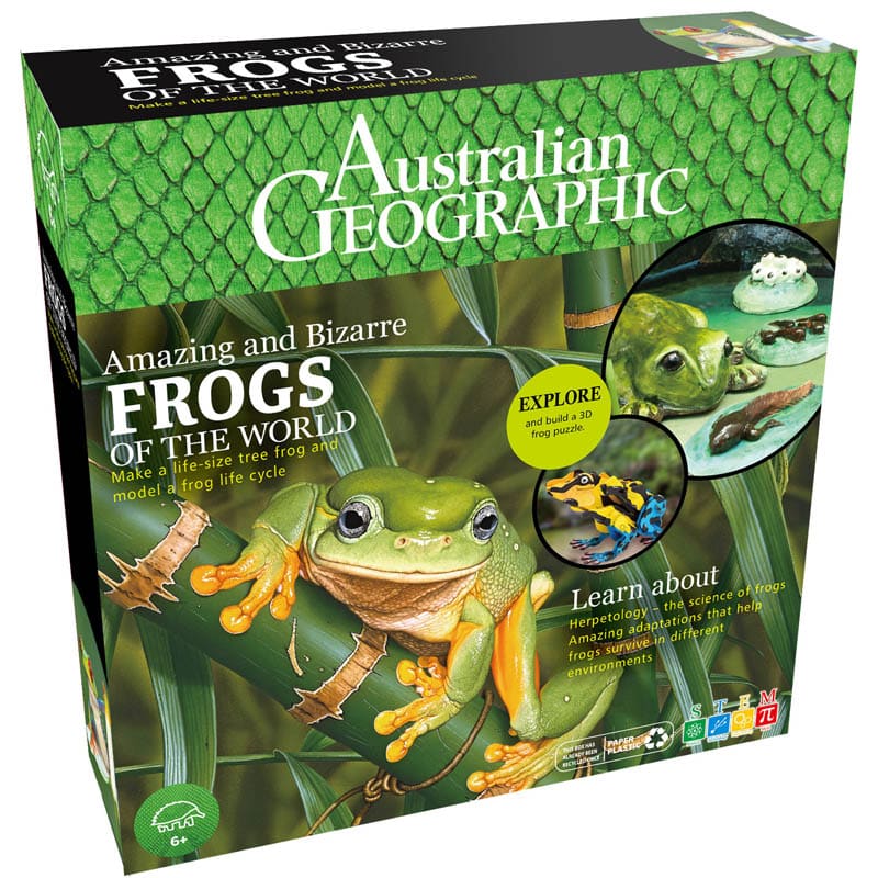 Frogs educational book set in green illustrated box with frog character and graphics