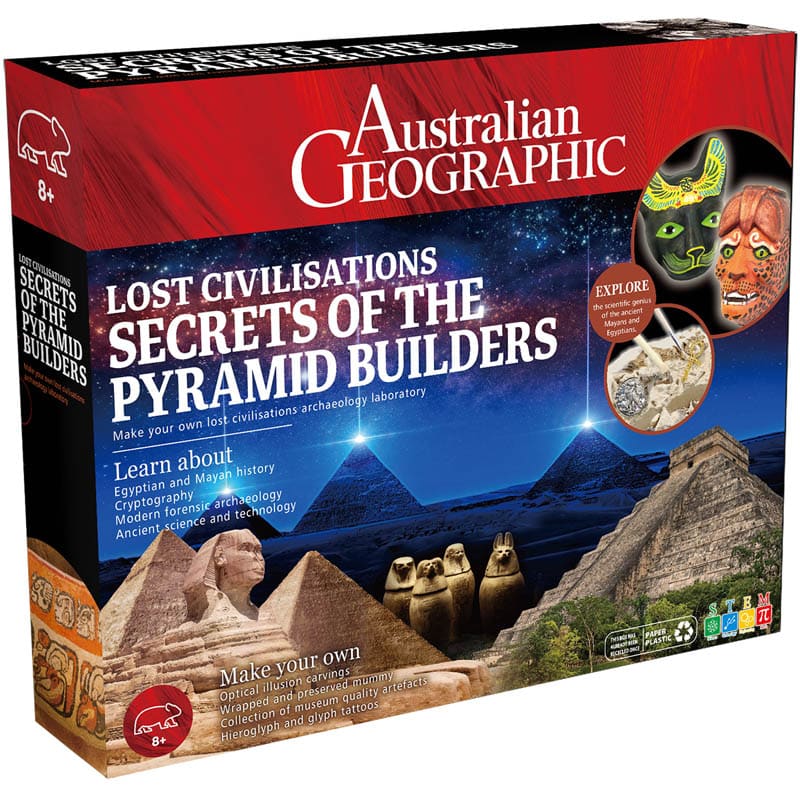 Australian Geographic pyramid builders secrets kit box, red blue design and pyramid theme