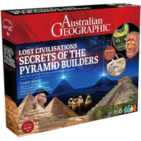 Australian Geographic pyramid builders secrets kit box, red blue design and pyramid theme