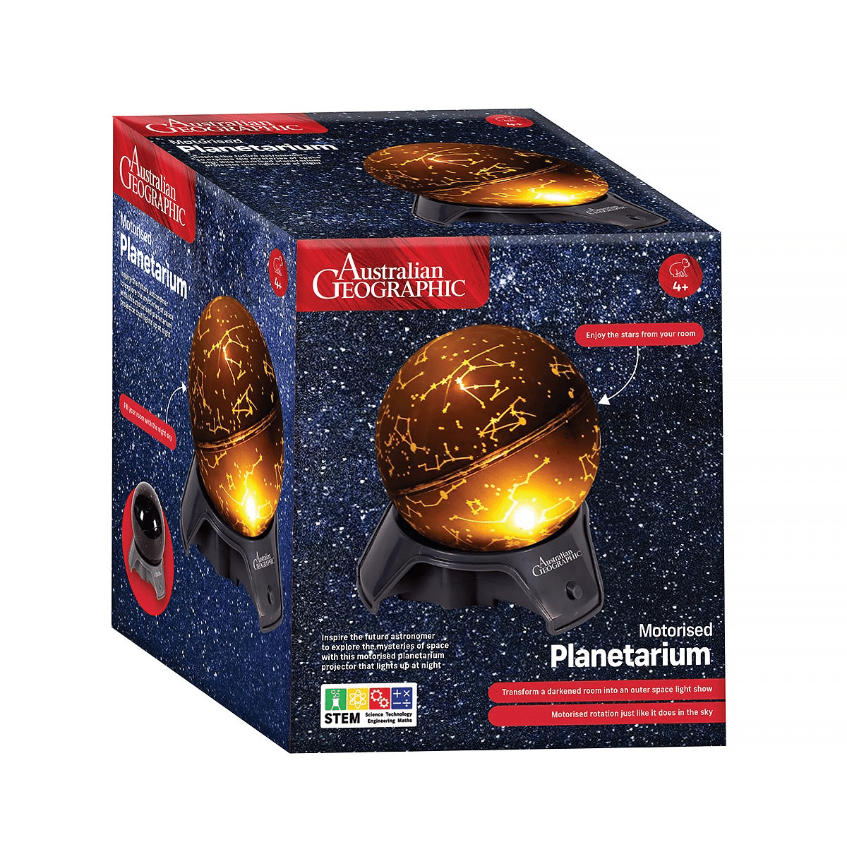 Australian Geographic motorized planetarium star globe box with gold globe artwork