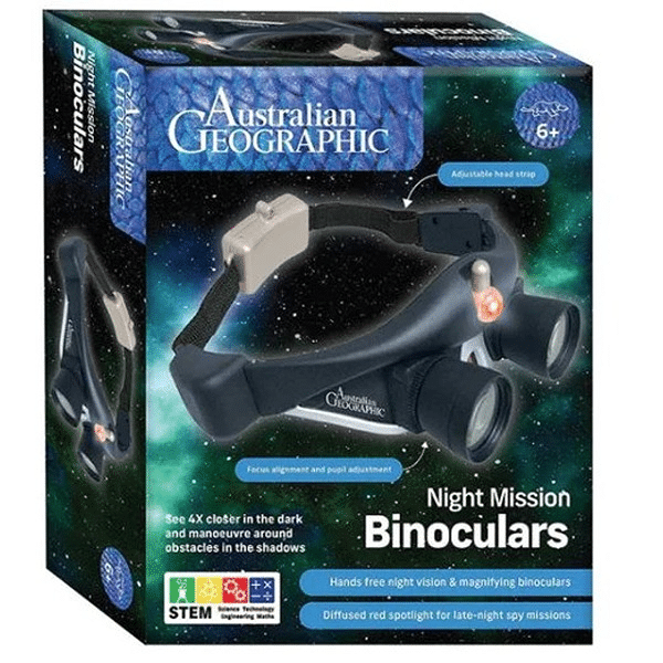 Night Mission binoculars retail box with Australian Geographic branding and product artwork
