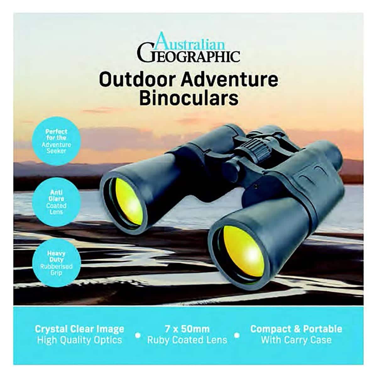 Australian Geographic outdoor binoculars with dark blue body and yellow objective lenses