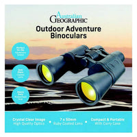Australian Geographic outdoor binoculars with dark blue body and yellow objective lenses