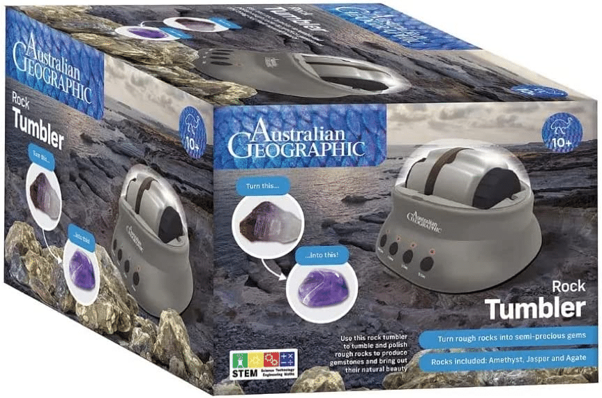 Rock tumbler kit box with gray tumbler and included parts, instruction icons