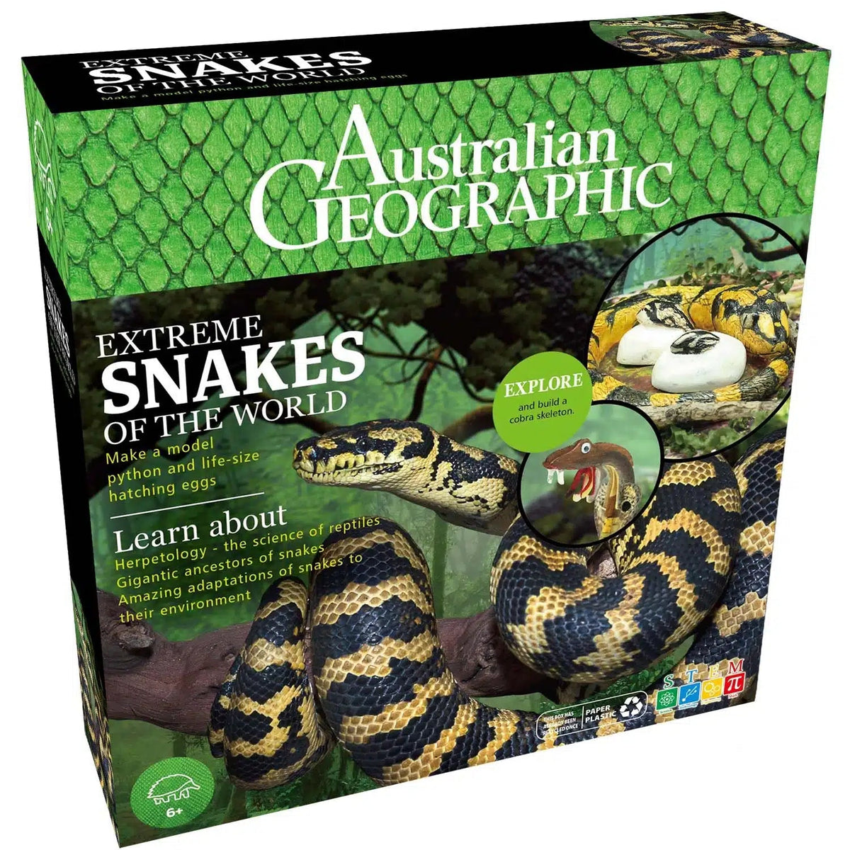 Snakes educational kit box with green snake graphics and Australian Geographic branding