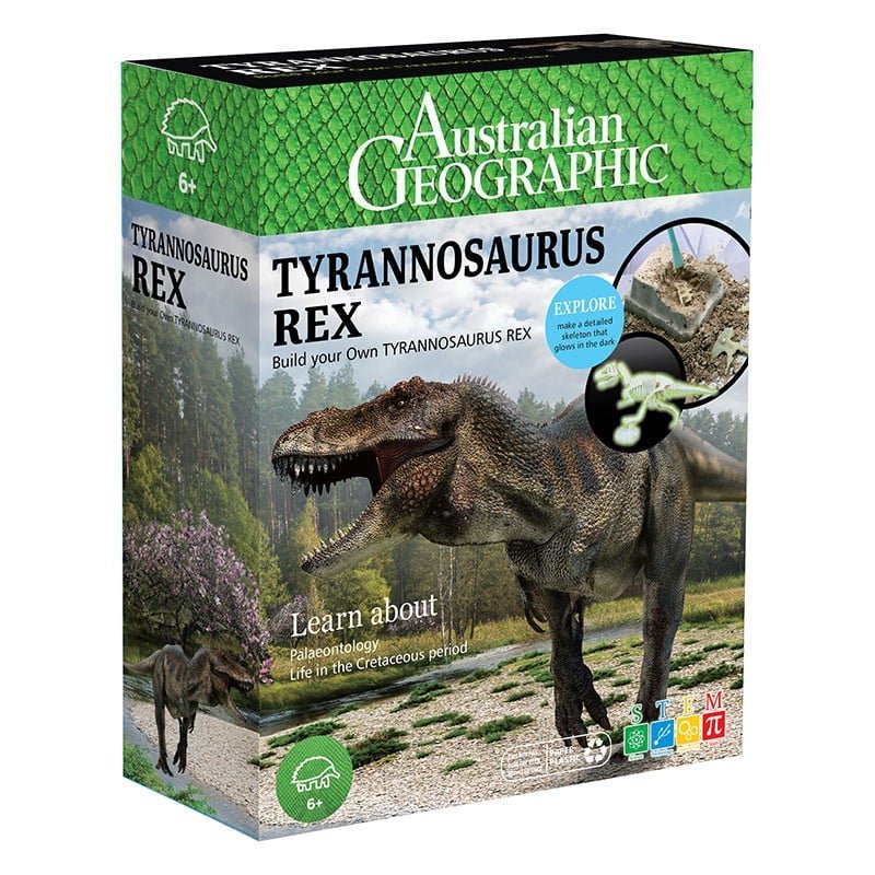 Australian Geographic science kit box with Tyrannosaurus Rex illustration