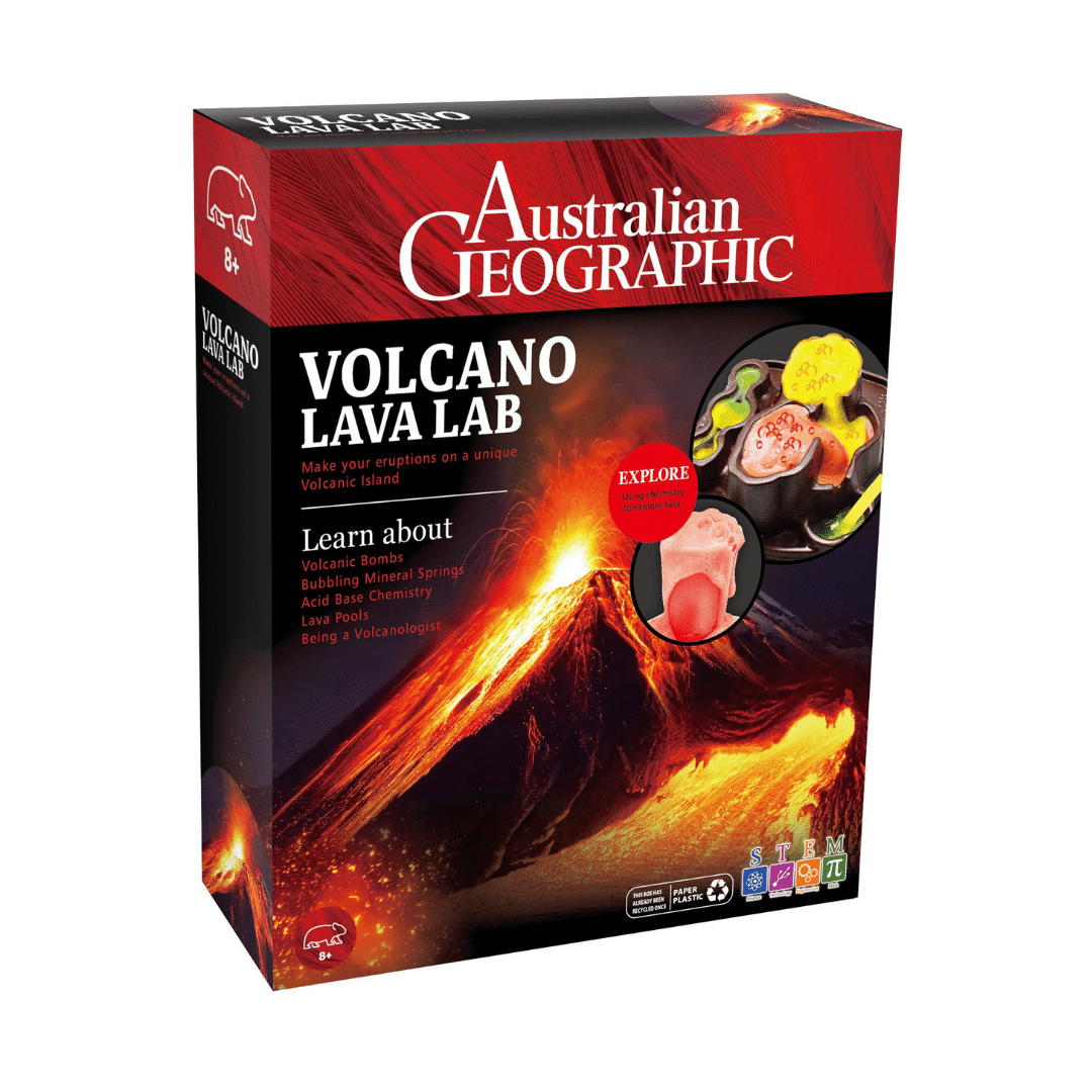 Australian Geographic Volcano Lava Lab science kit box with lava and volcano artwork
