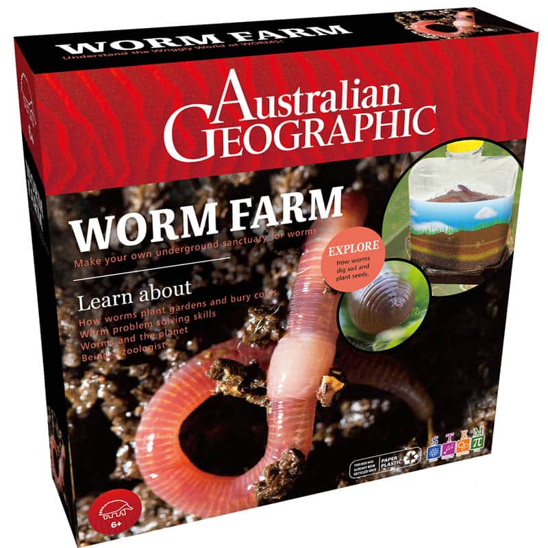 Worm farm kit packaging box with red and black design, worm hole graphic