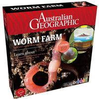 Worm farm kit packaging box with red and black design, worm hole graphic