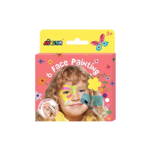 Face painting kit box with butterfly-themed design and rainbow face paint