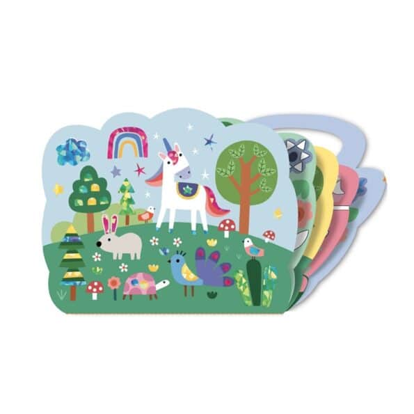 Unicorn foil art scene sheet with colorful animals, rainbow, and trees