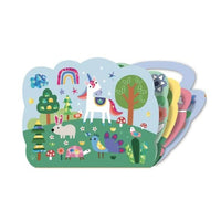 Unicorn foil art scene sheet with colorful animals, rainbow, and trees