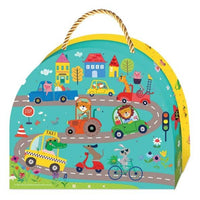 Children’s play box with animal-town road and vehicle illustrations, rope handle
