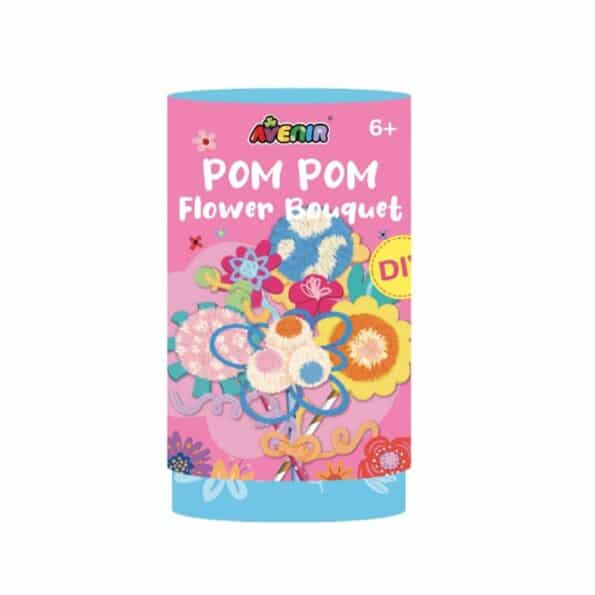 Avenir pom pom flower bouquet box packaging, pink and blue with bouquet illustration