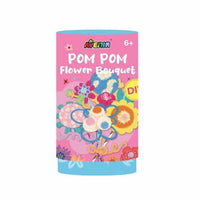 Avenir pom pom flower bouquet box packaging, pink and blue with bouquet illustration