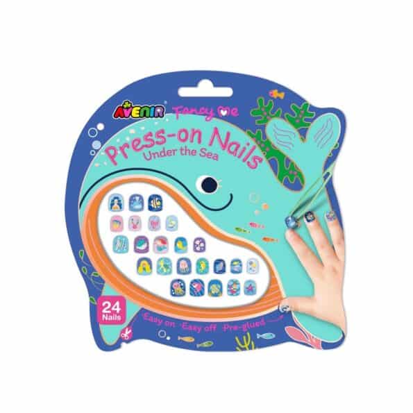Press-on nails set with undersea designs, 24 nails on blue package card