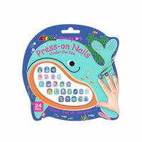 Press-on nails set with undersea designs, 24 nails on blue package card