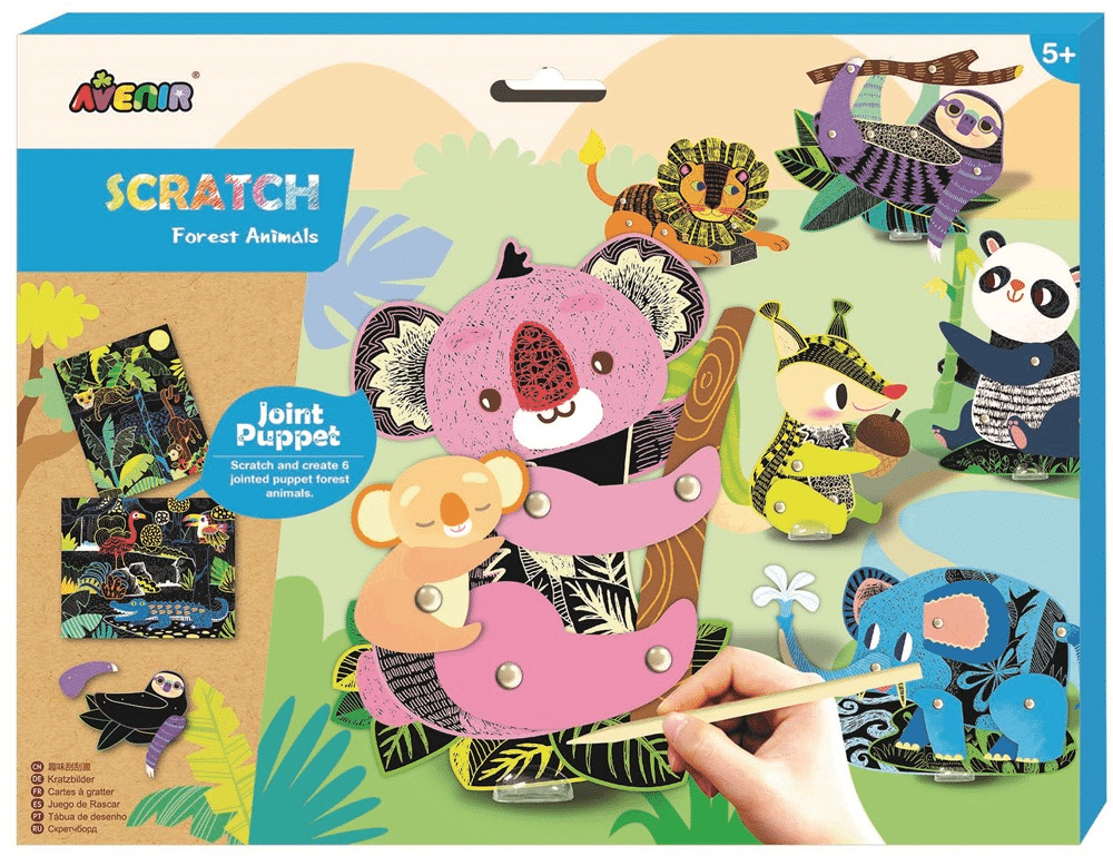 Scratch art joint puppets set with forest animal characters on colorful box