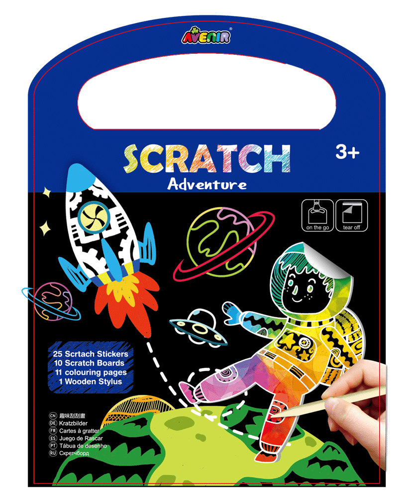 Avenir Scratch Adventure scratch art book, blue cover with space stickers, age 3+