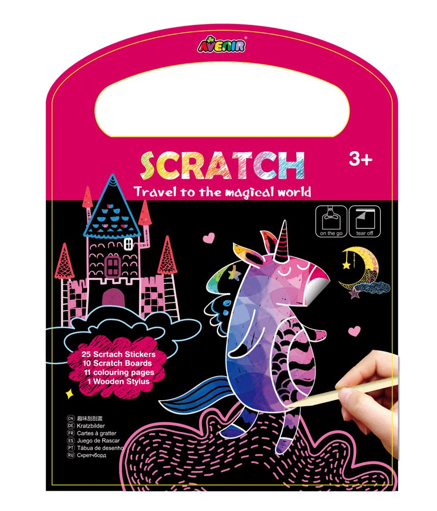 Scratch book with pink cover, unicorn character, and 'SCRATCH' title