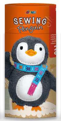 Sewing penguin doll kit box with plush penguin and blue patterned scarf