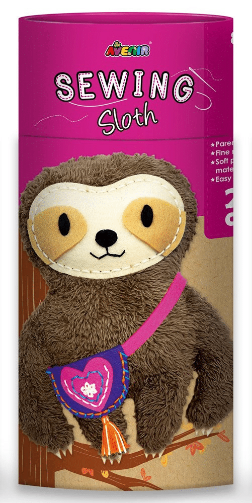 Sloth doll sewing kit box with plush sloth front and heart-shaped accessory pouch