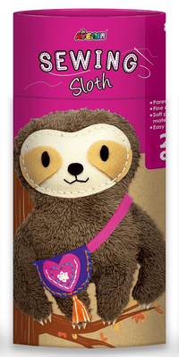 Sloth doll sewing kit box with plush sloth front and heart-shaped accessory pouch