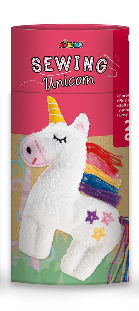 Avenir unicorn sewing kit package with plush unicorn and rainbow details