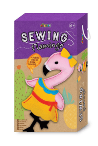 Avenir sewing kit box with flamingo character, pink and yellow felt outfit