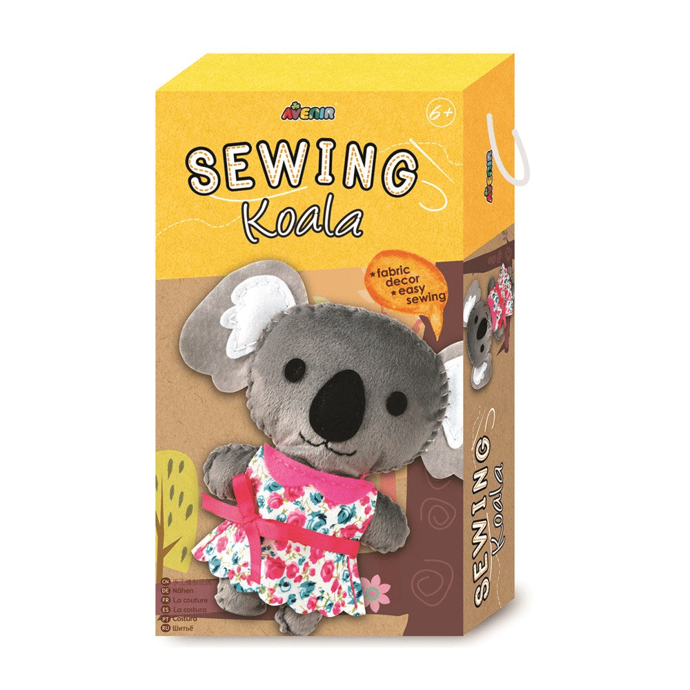 Avenir Sewing Koala kit box with plush koala in floral dress and pink ribbon
