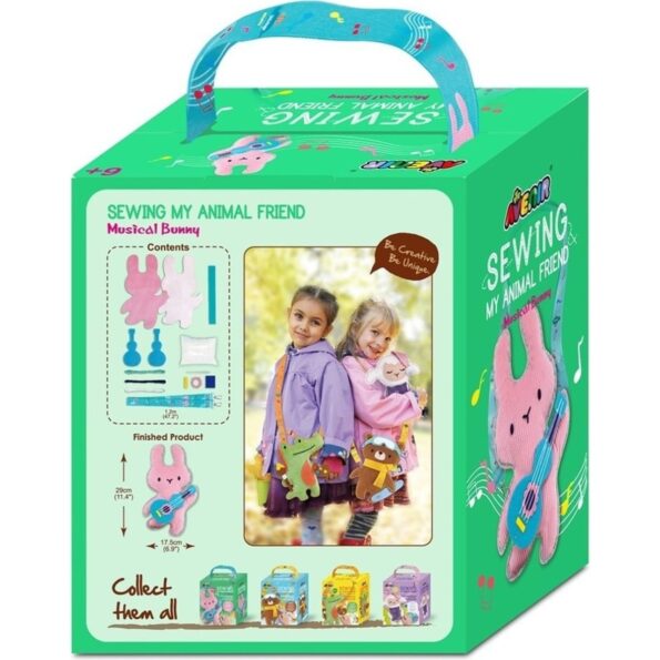 Musical bunny sewing kit box with carry handle and illustrated contents