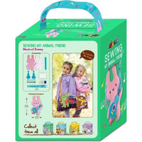 Musical bunny sewing kit box with carry handle and illustrated contents