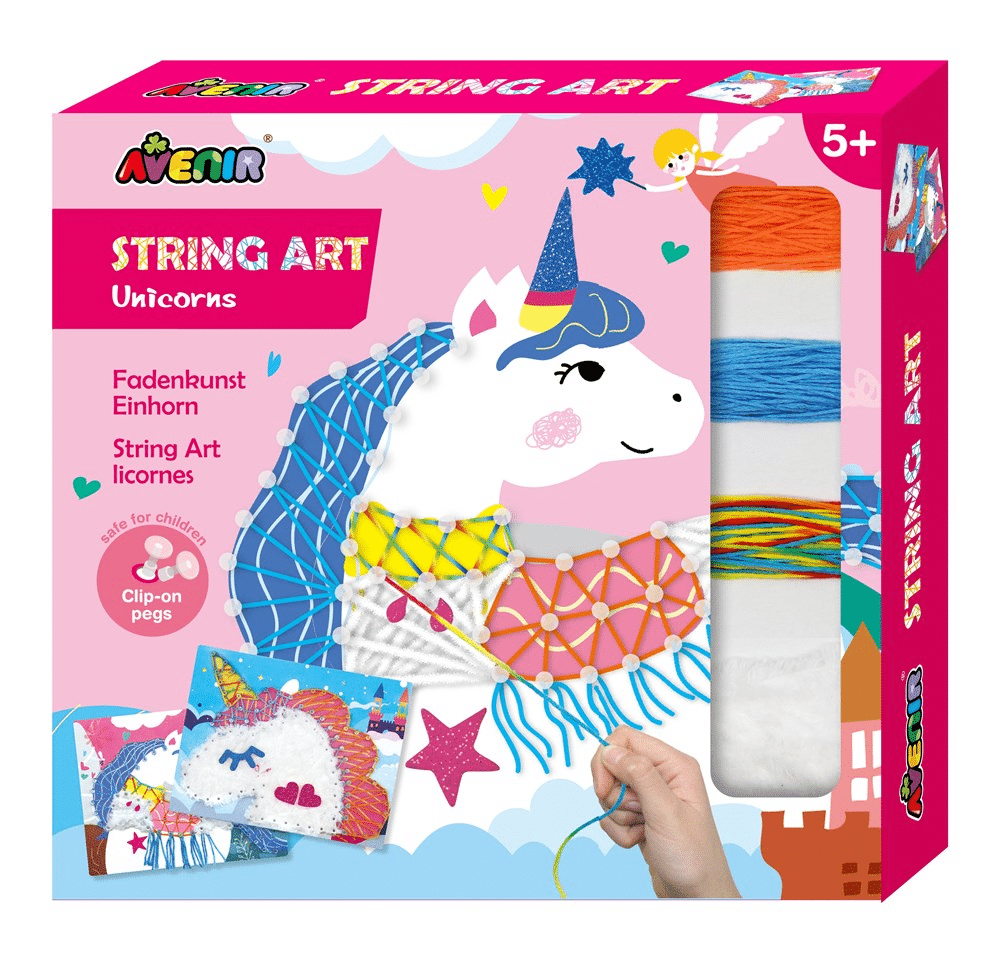 Unicorn string art kit box with unicorn design and colorful string spools