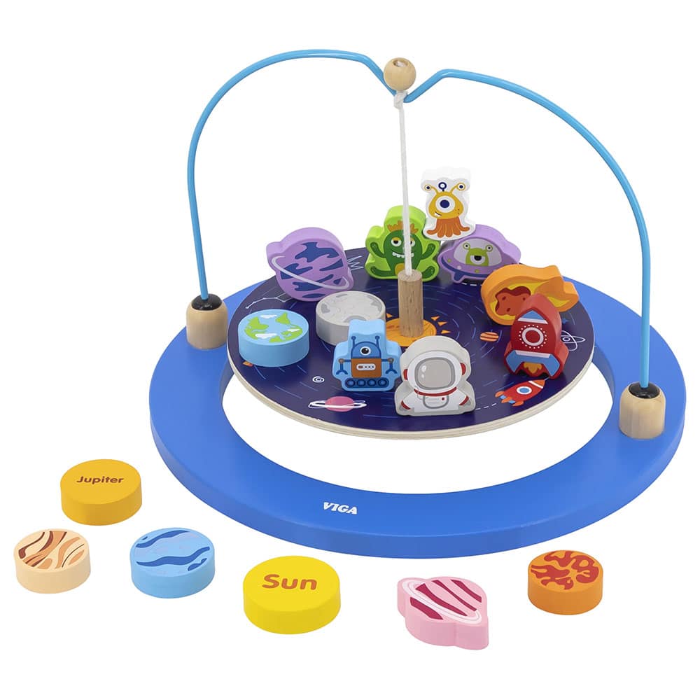 Blue space-themed balancing game with hoop and planet toy pieces