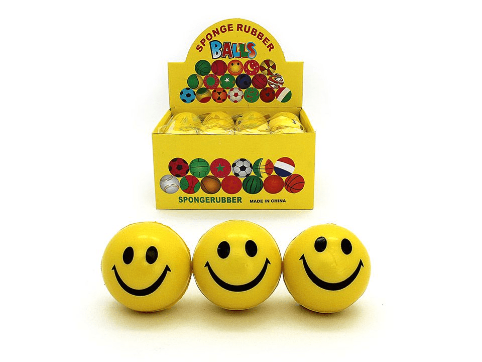 Set of yellow smiley print stress balls with a cardboard display box