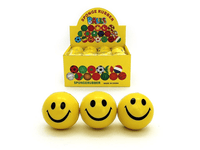 Set of yellow smiley print stress balls with a cardboard display box