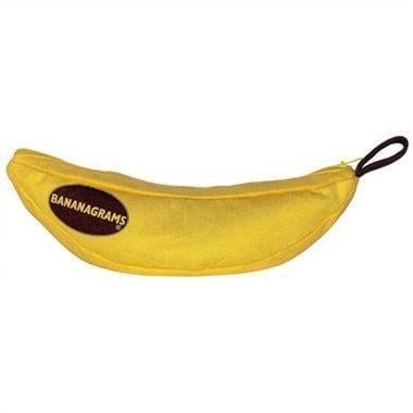 Banana-shaped fabric pouch with Bananagrams logo and black carry loop